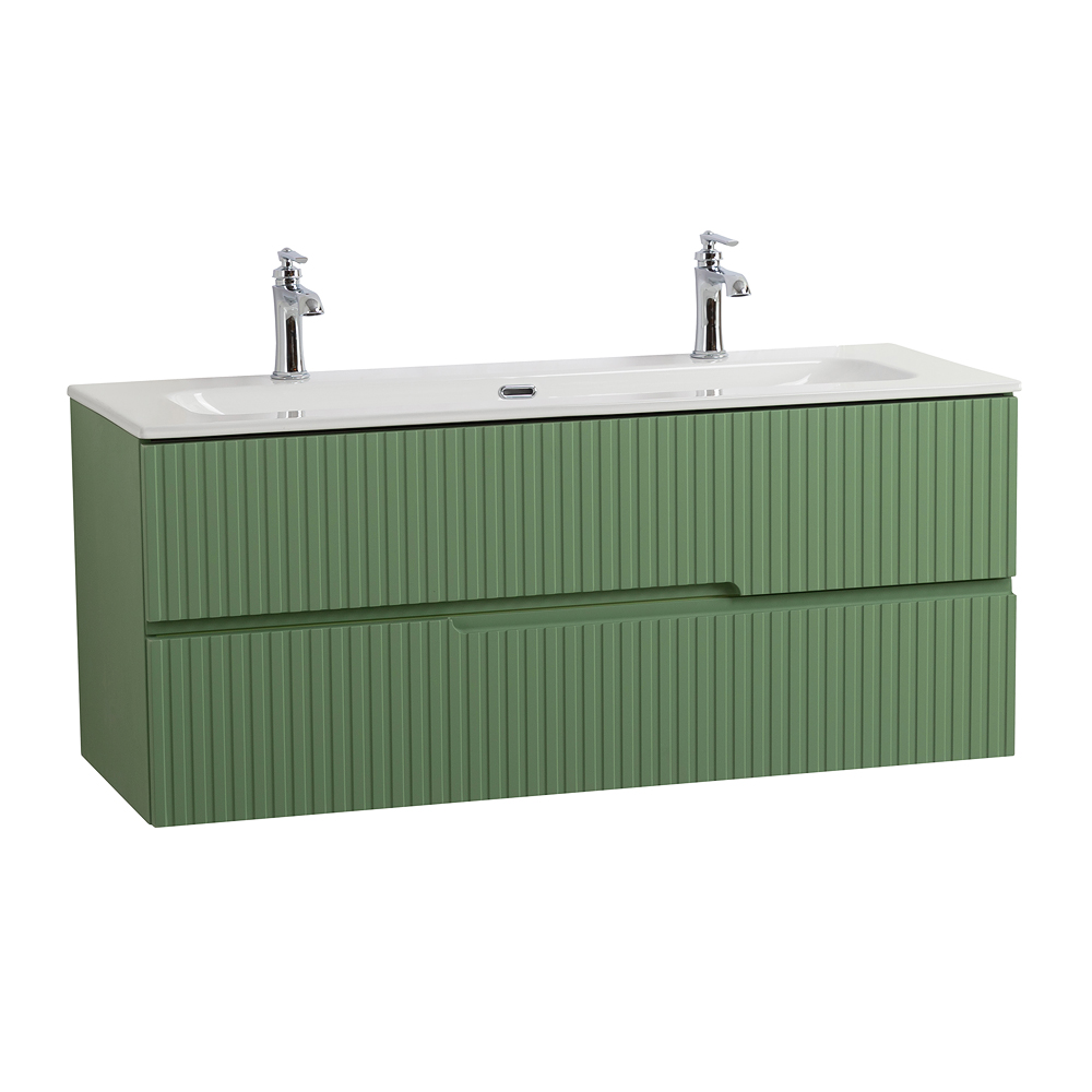 Тумба подвесная CEZARES DUET-N-1200-2C-SO-PS-P с раковиной CZR-8073-120-1-2 с двумя отверстиями для смесителей, фисташковый софт