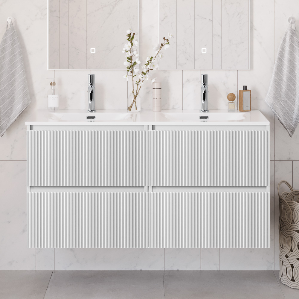 Тумба с раковиной подвесная BelBagno UNO-1200-4C-SO-BO Bianco Opaco, раковина белая BB-8099-120-2 с 2-я чашами