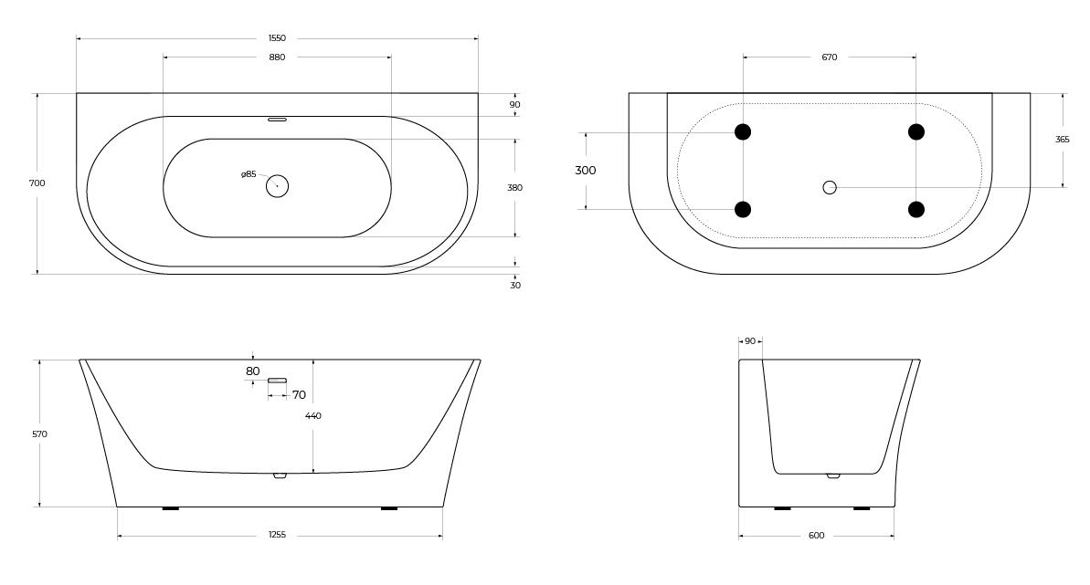 Ванна пристенная BelBagno BB711-1550-700