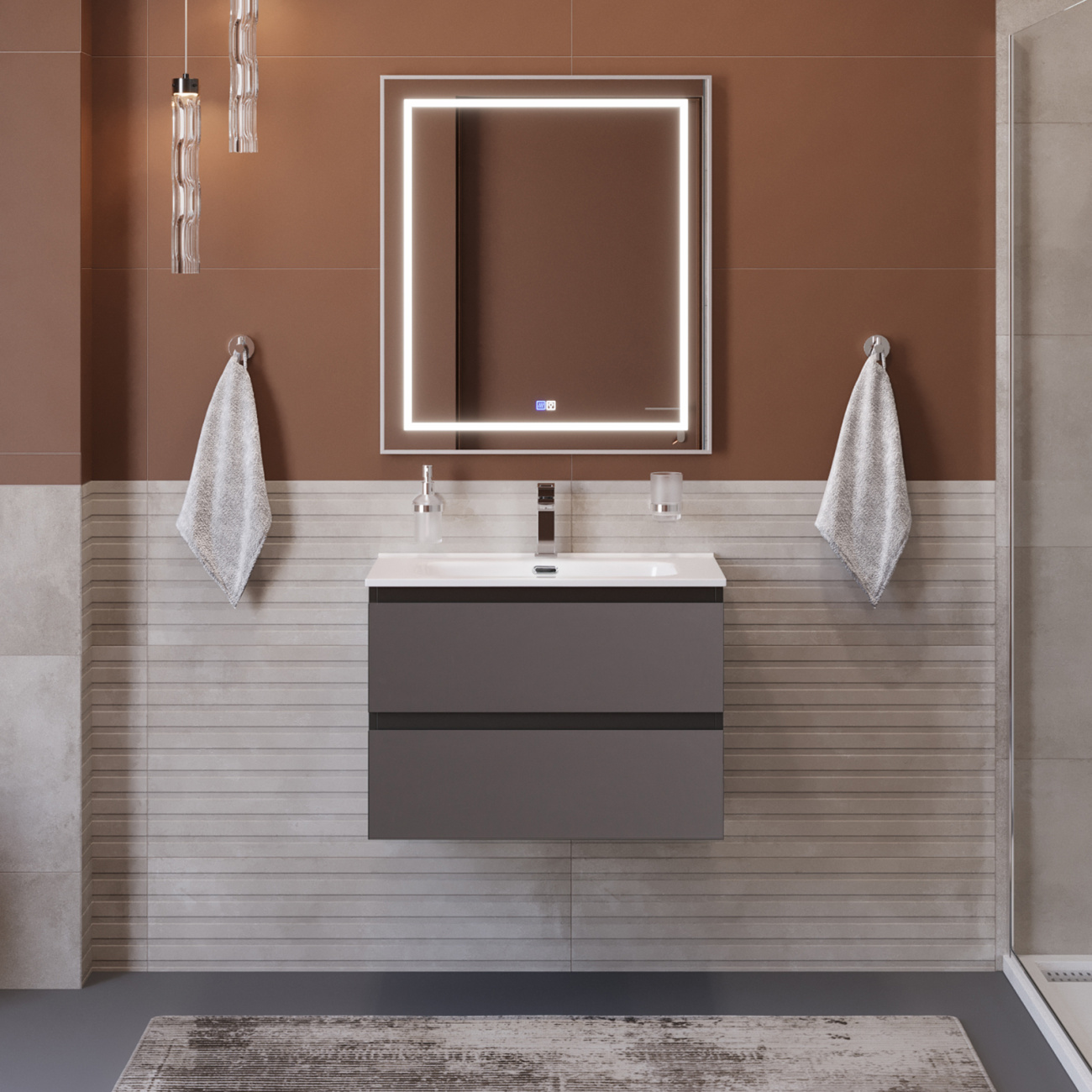Тумба с раковиной подвесная BelBagno KRAFT-600-2C-SO-GSO Темно-Серый матовый, раковина белая BB600ETL