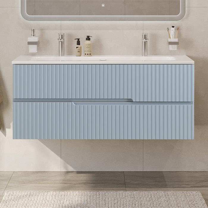 Тумба подвесная CEZARES DUET-N-1200-2C-SO-APR-P с раковиной CZR-8073-120-1-2 с двумя отверстиями для смесителей, голубой жемчужный