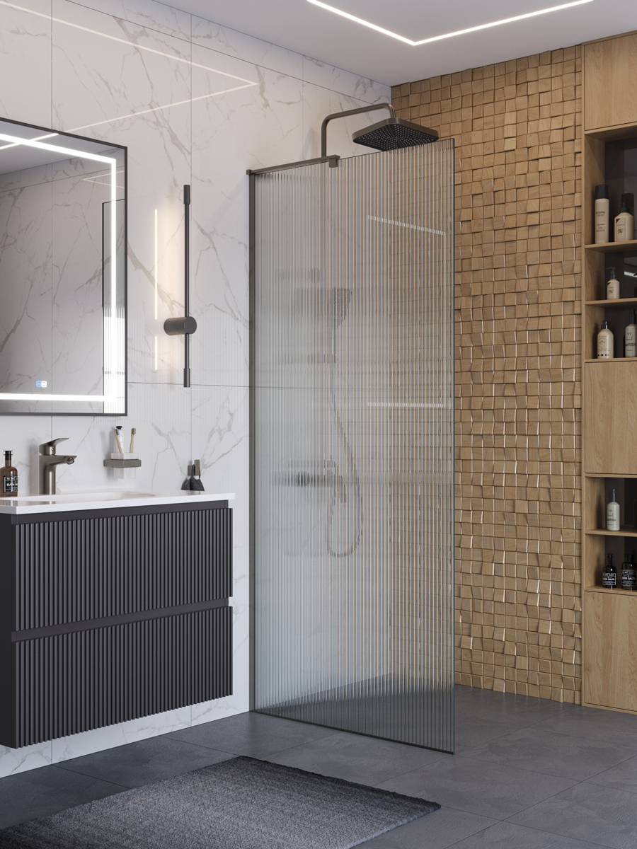 купить Душевая перегородка BelBagno UNO-L-1-TB-90-FL-GM профиль оружейная сталь, стекло  рифленое FLUTTO 