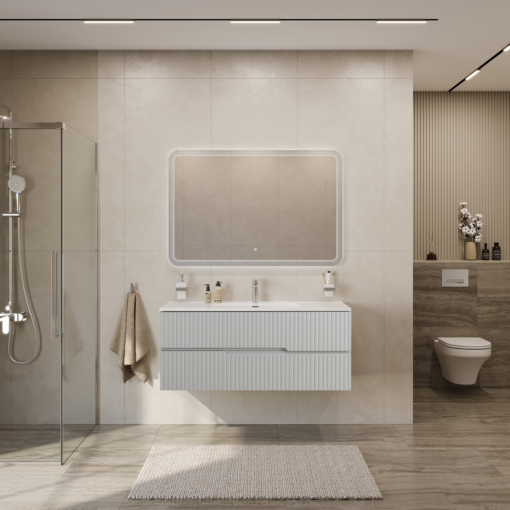 Тумба подвесная CEZARES DUET-N-1200-2C-SO-GPR-P с раковиной CZR-8095-120, серый жемчужный