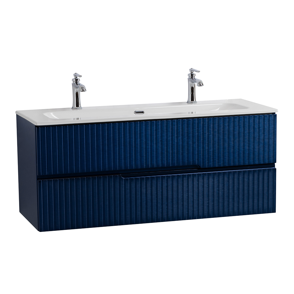 Тумба подвесная CEZARES DUET-N-1200-2C-SO-SPF-P с раковиной CZR-8073-120-1-2 с двумя отверстиями для смесителей, cапфир