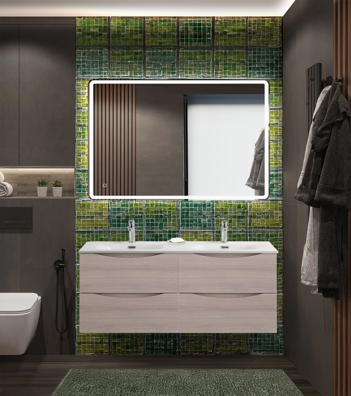 Тумба с раковиной подвесная BelBagno MARINO-CER-N-1200-4C-SO-RG-P Rovere Grigio, раковина белая BB-8099-120-2 с 2-я чашами