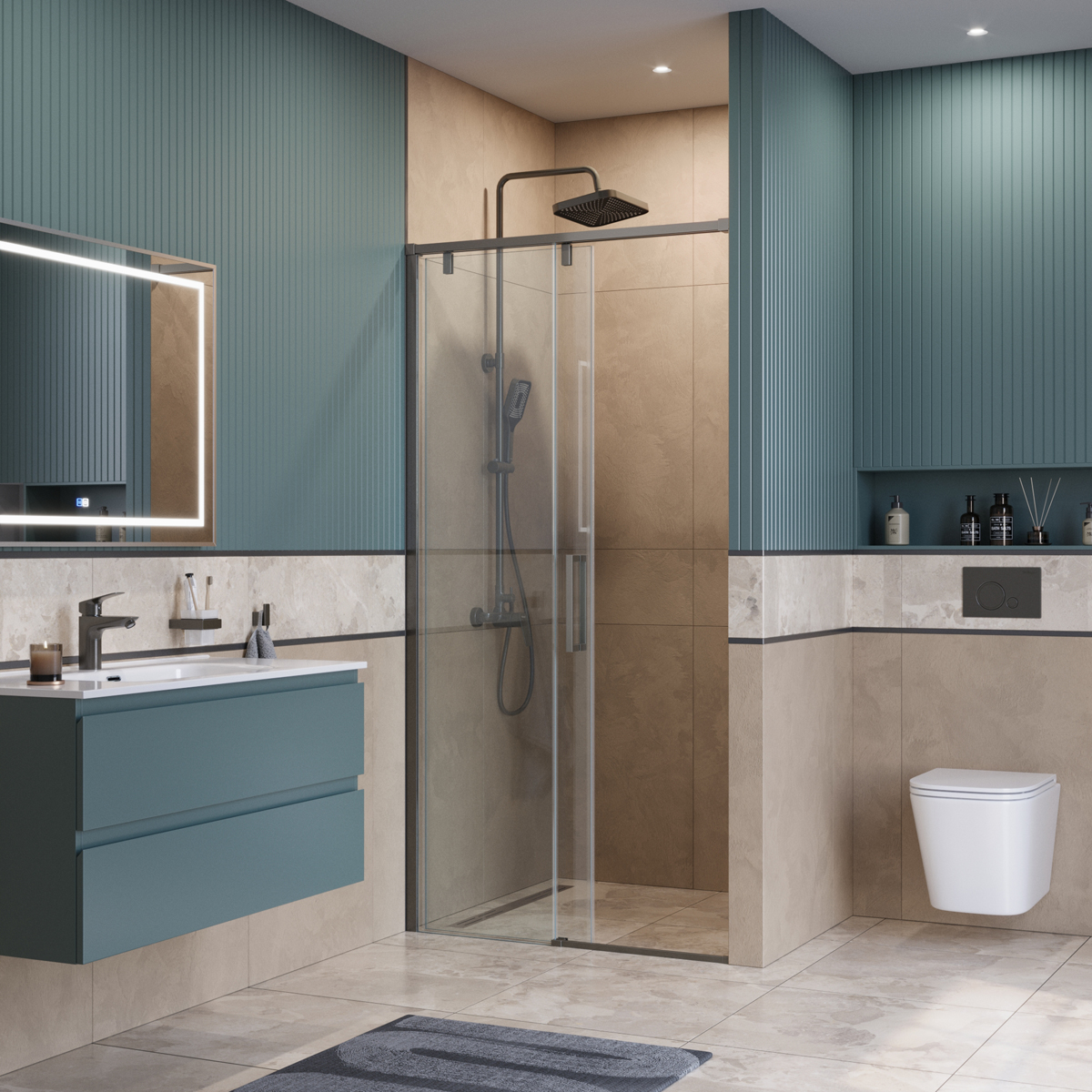 Душевая дверь шириной 120см BelBagno SOFT_CLOSE-1-BF-1-120-C-GM профиль оружейная сталь, стекло прозрачное
