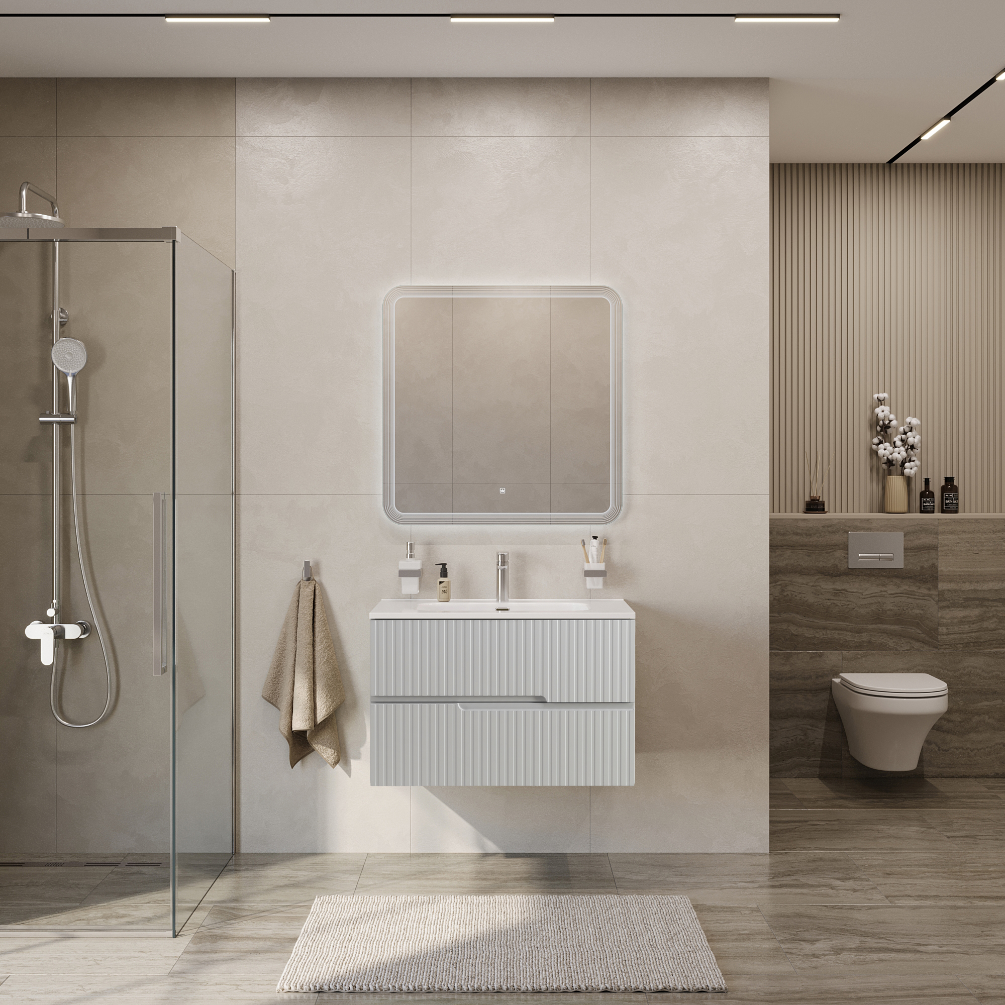 Тумба подвесная CEZARES DUET-N-800-2C-SO-GPR-P с раковиной CZR-8095-80, серый жемчужный