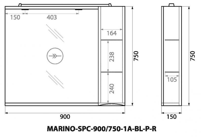 Зеркальный шкаф правосторонний BelBagno MARINO-SPC-900/750-1A-BL-P-R