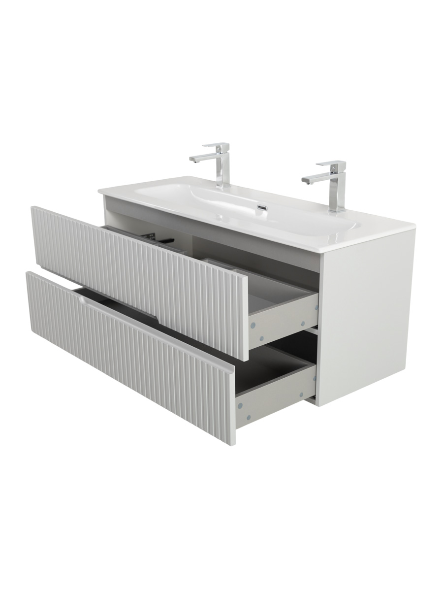 Тумба подвесная CEZARES DUET-N-1200-2C-SO-GPR-P с раковиной CZR-8073-120-1-2 с двумя отверстиями для смесителей, серый жемчужный
