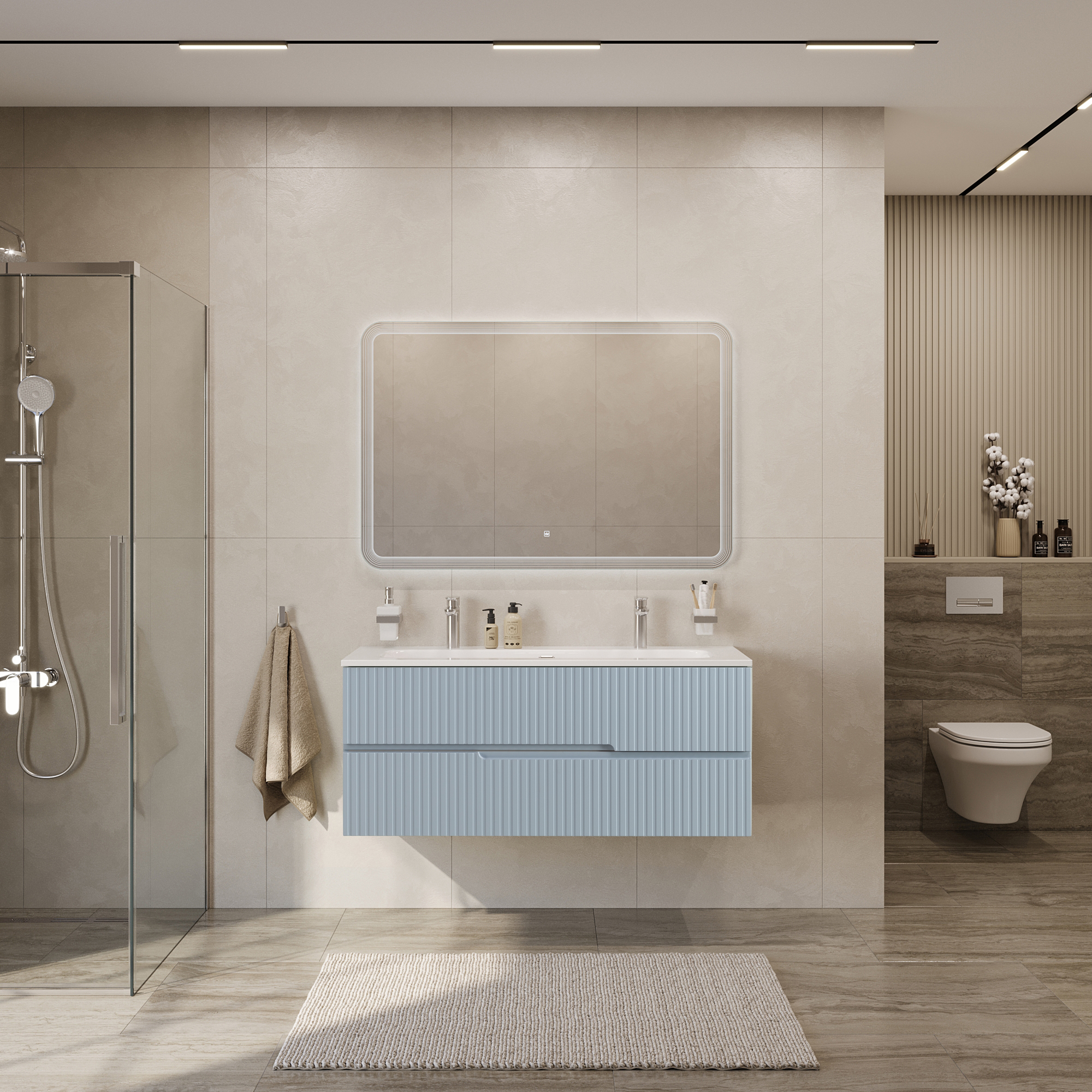 Тумба подвесная CEZARES DUET-N-1200-2C-SO-APR-P с раковиной CZR-8073-120-1-2 с двумя отверстиями для смесителей, голубой жемчужный