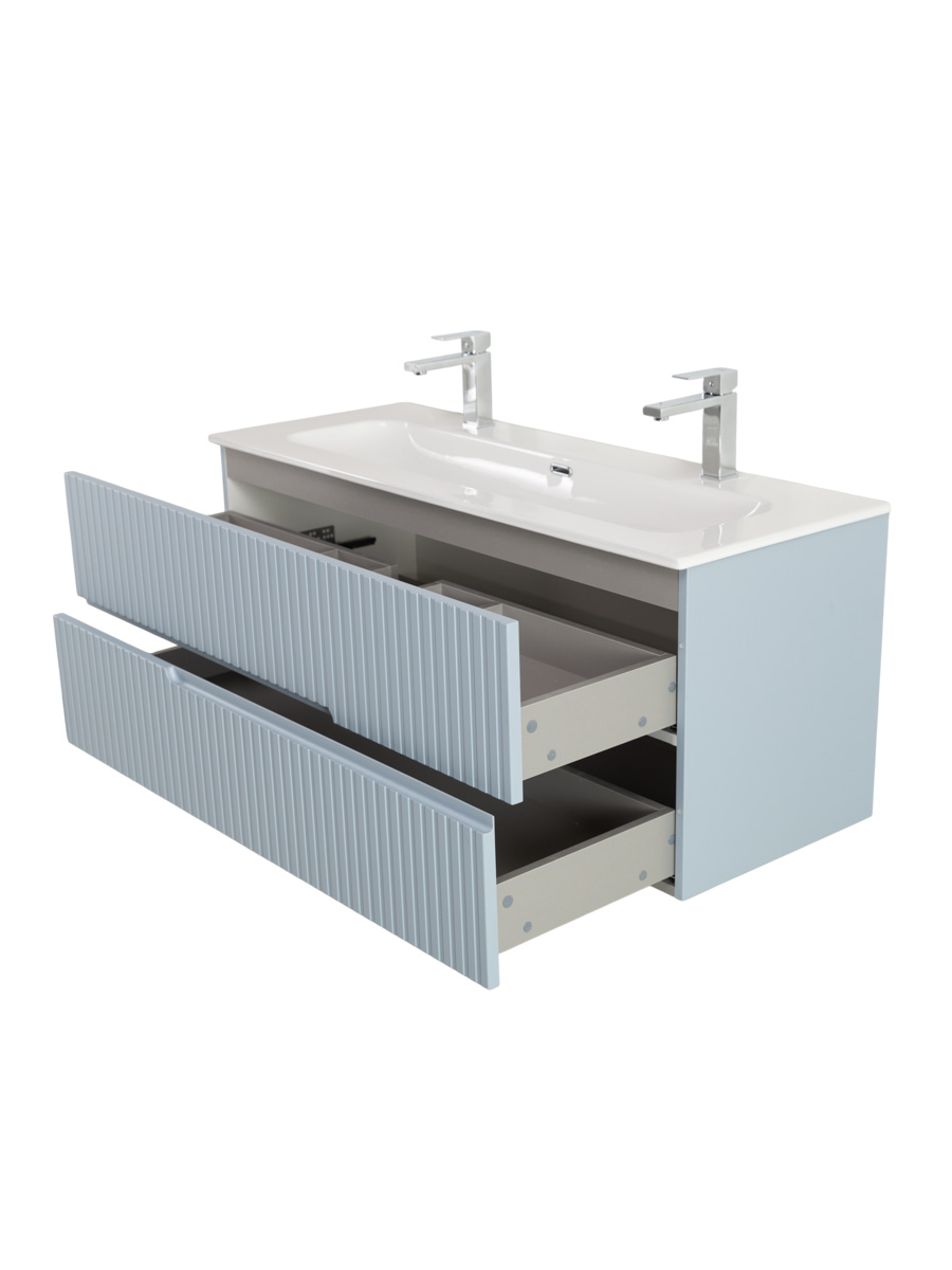 Тумба подвесная CEZARES DUET-N-1200-2C-SO-APR-P с раковиной CZR-8073-120-1-2 с двумя отверстиями для смесителей, голубой жемчужный