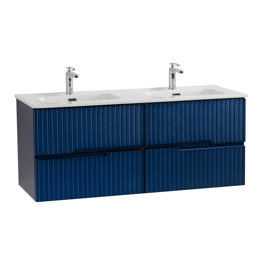 Тумба подвесная CEZARES DUET-N-1200-4C-SO-2-SPF-P с раковиной CZR-8095-120-2 с двумя чашами, сапфир
