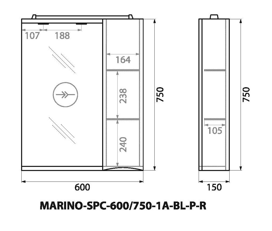 Зеркальный шкаф правосторонний BelBagno MARINO-SPC-600/750-1A-BL-P-R