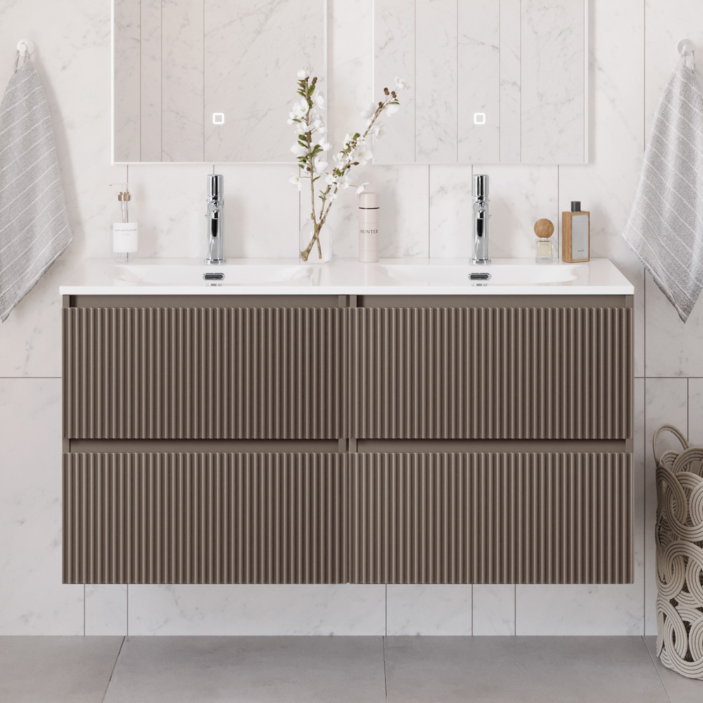 Тумба с раковиной подвесная BelBagno UNO-1200-4C-SO-СO Бежевый матовый, раковина белая BB-8099-120-2 с 2-я чашами