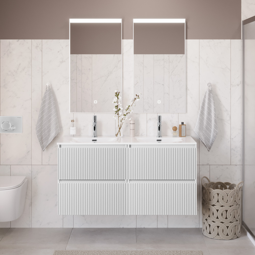 Тумба с раковиной подвесная BelBagno UNO-1200-4C-SO-BO Bianco Opaco, раковина белая BB-8099-120-2 с 2-я чашами