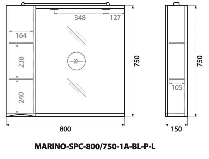 Зеркальный шкаф левосторонний BelBagno MARINO-SPC-800/750-1A-BL-P-L