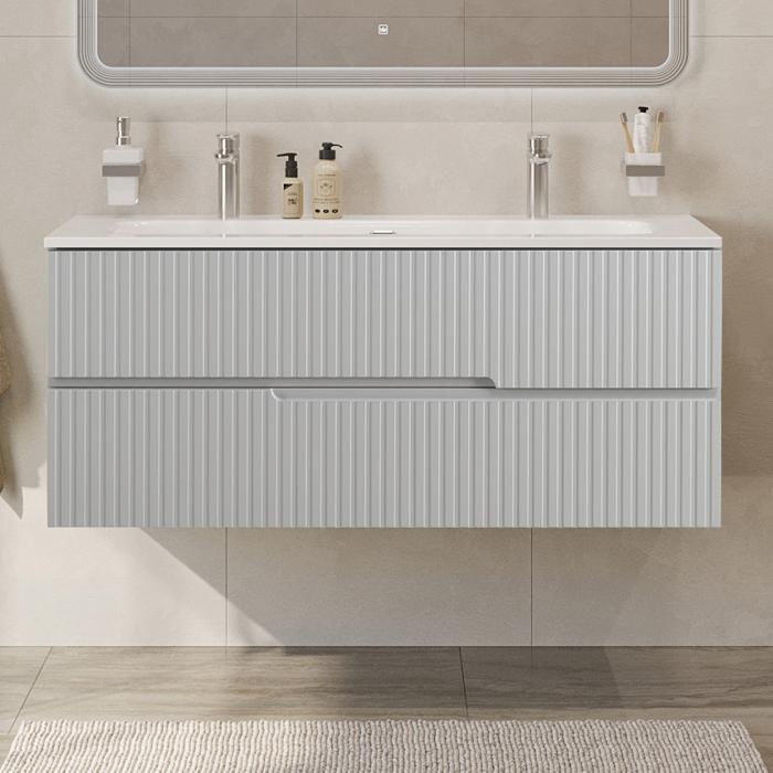 Тумба подвесная CEZARES DUET-N-1200-2C-SO-GPR-P с раковиной CZR-8073-120-1-2 с двумя отверстиями для смесителей, серый жемчужный