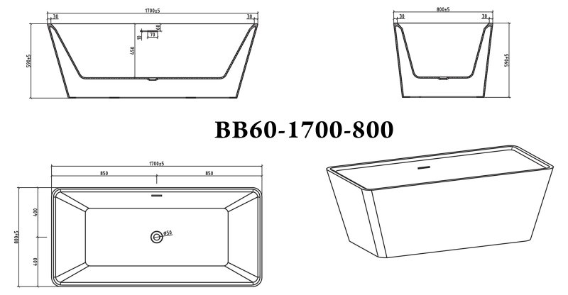 Ванна акриловая отдельностоящая BelBagno BB60-1700-800