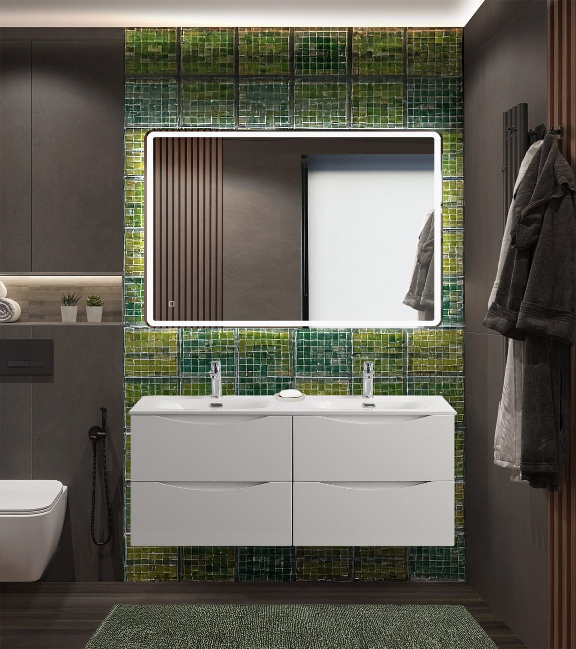 Тумба с раковиной подвесная BelBagno MARINO-CER-N-1200-4C-SO-BL-P Bianco Lucido, раковина белая BB-8099-120-2 с 2-я чашами