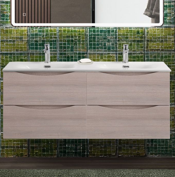 Тумба с раковиной подвесная BelBagno MARINO-CER-N-1200-4C-SO-RG-P Rovere Grigio, раковина белая BB-8099-120-2 с 2-я чашами