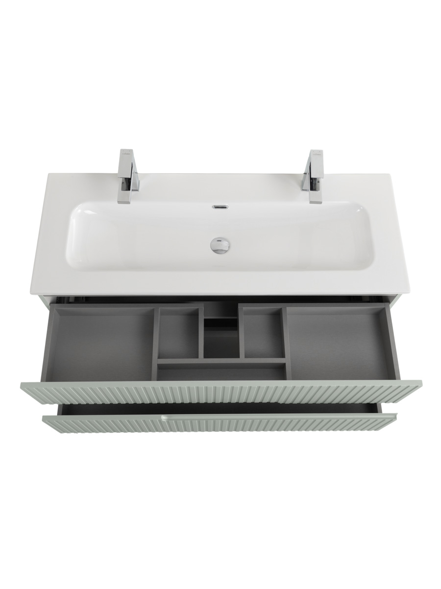 Тумба подвесная CEZARES DUET-N-1200-2C-SO-VPR-P с раковиной CZR-8073-120-1-2 с двумя отверстиями для смесителей, зеленый жемчужный