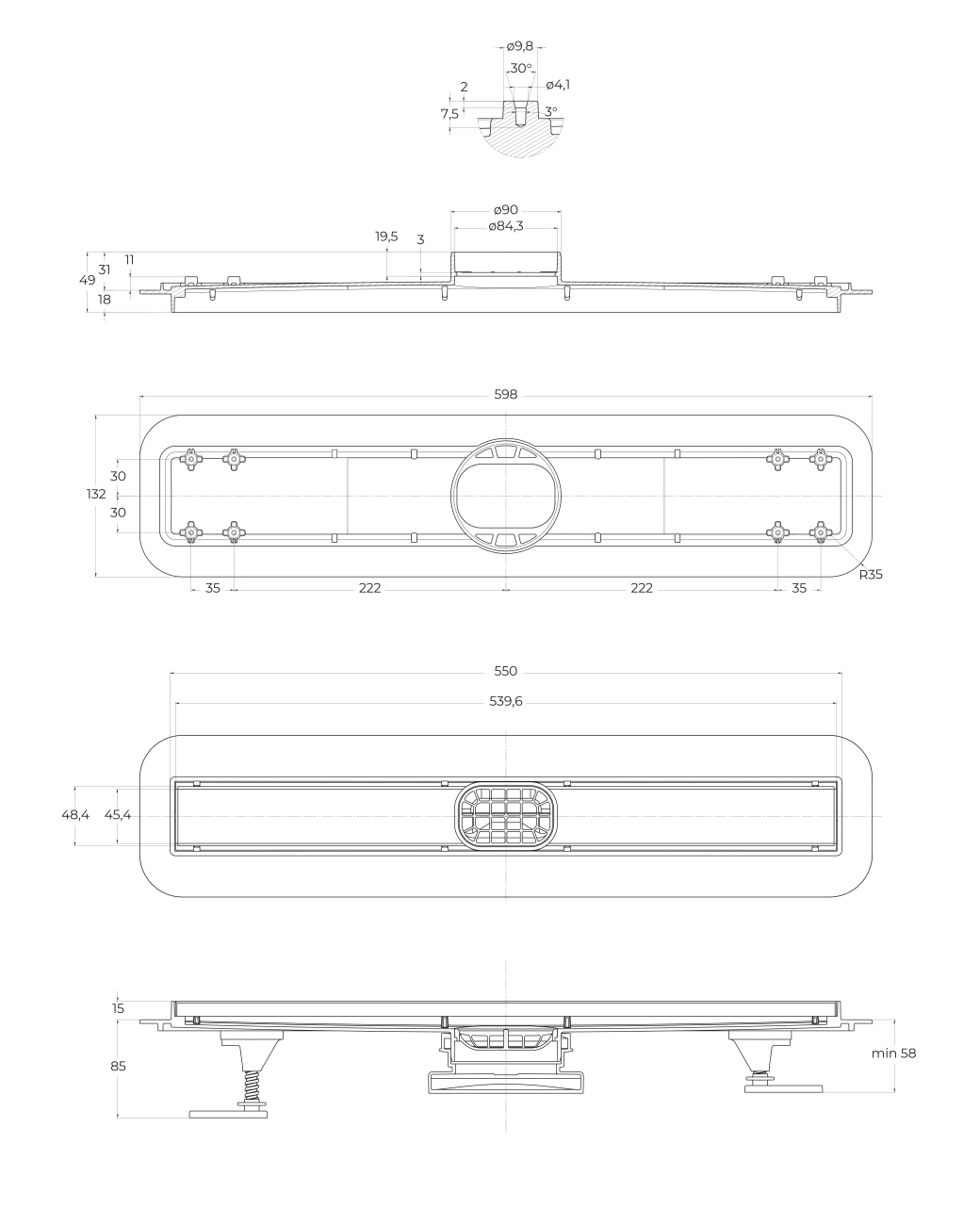 Душевой линейный трап 60 см BelBagno BB-LD-LUCE-60-NERO лоток чёрный матовый