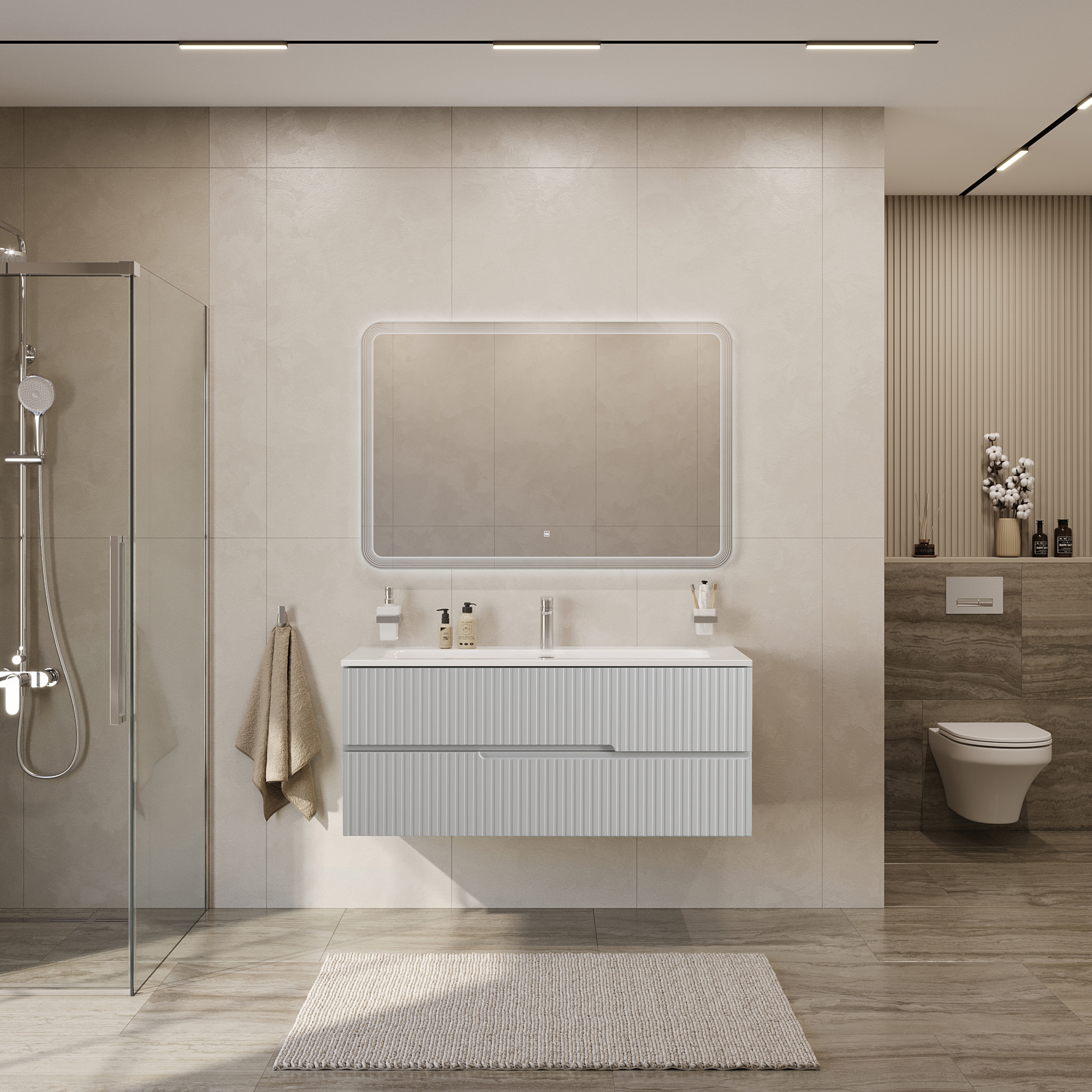 Тумба подвесная CEZARES DUET-N-1200-2C-SO-GPR-P с раковиной CZR-8073-120, серый жемчужный