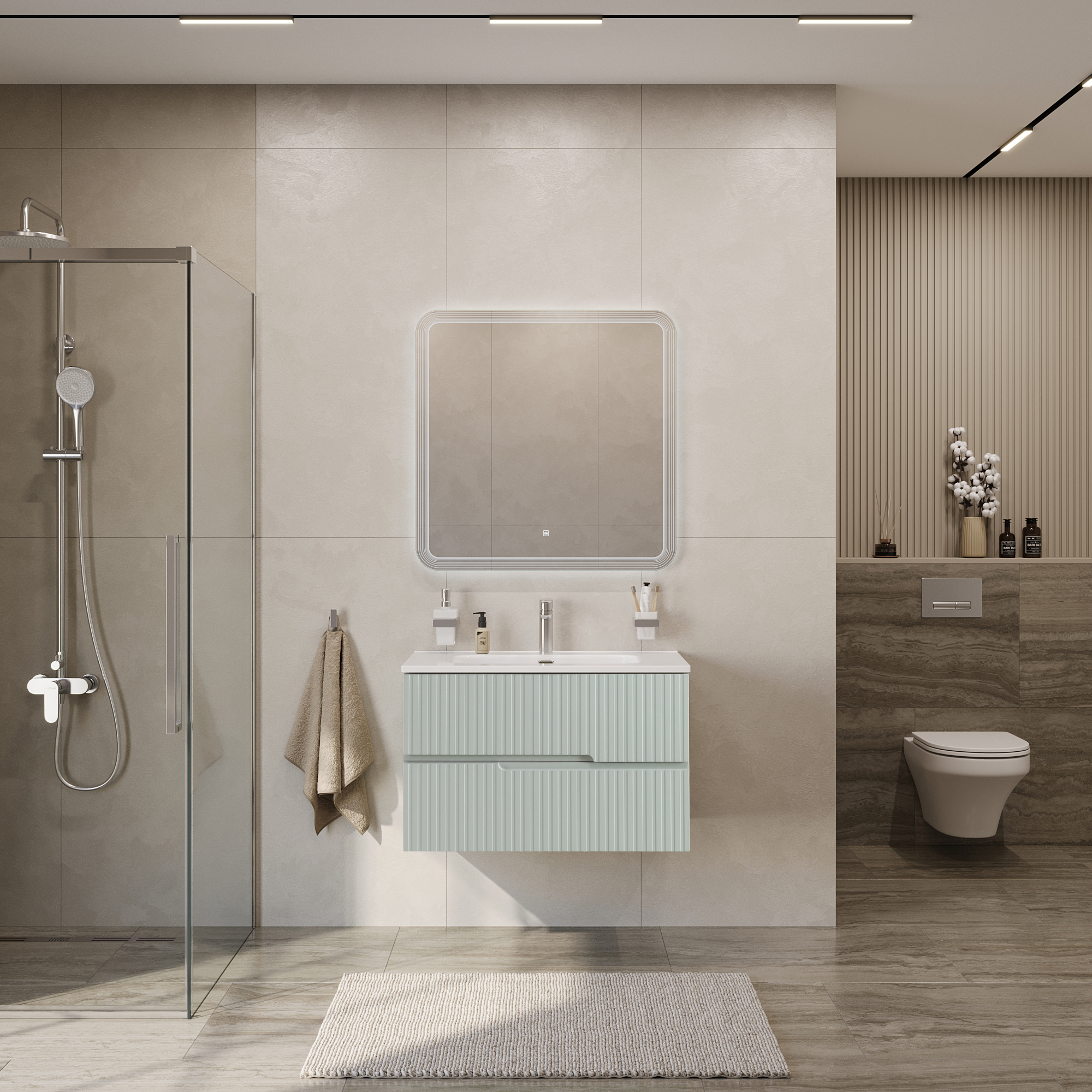 Тумба подвесная CEZARES DUET-N-800-2C-SO-VPR-P с раковиной CZR-8095-80, зеленый жемчужный