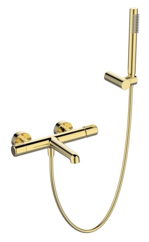 Смеситель для ванны и душа BelBagno UNO-VASM/DFS-ORO в комплекте с ручным душем, шлангом и держателем.
