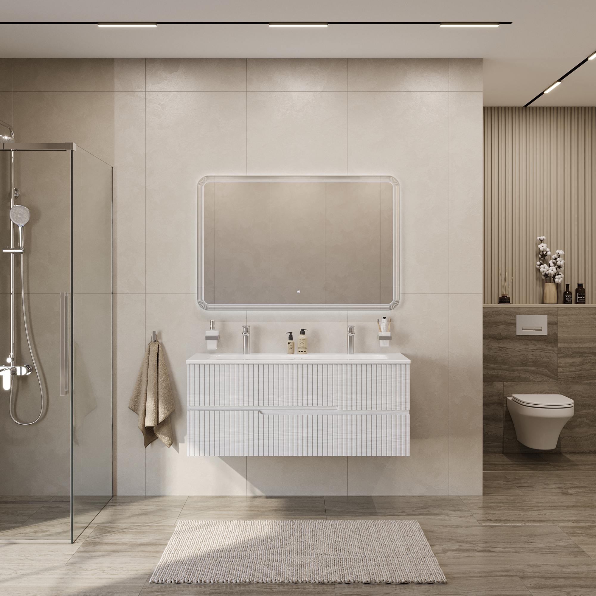 Тумба подвесная CEZARES DUET-N-1200-2C-SO-FBS-P с раковиной CZR-8073-120-1-2 с двумя отверстиями для смесителей, ясень белый софт