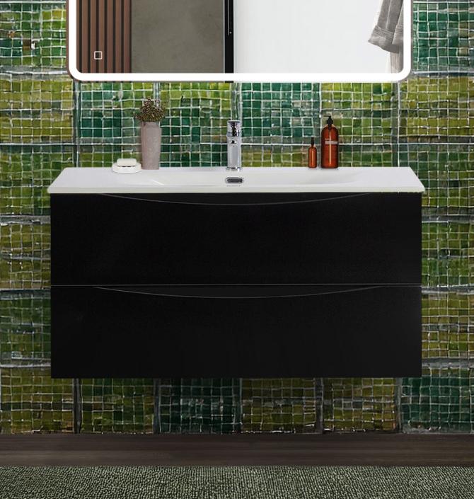 Тумба с раковиной подвесная BelBagno MARINO-CER-N-1000-2C-SO-NL-P Nero Lucido, раковина белая BB-8099-100