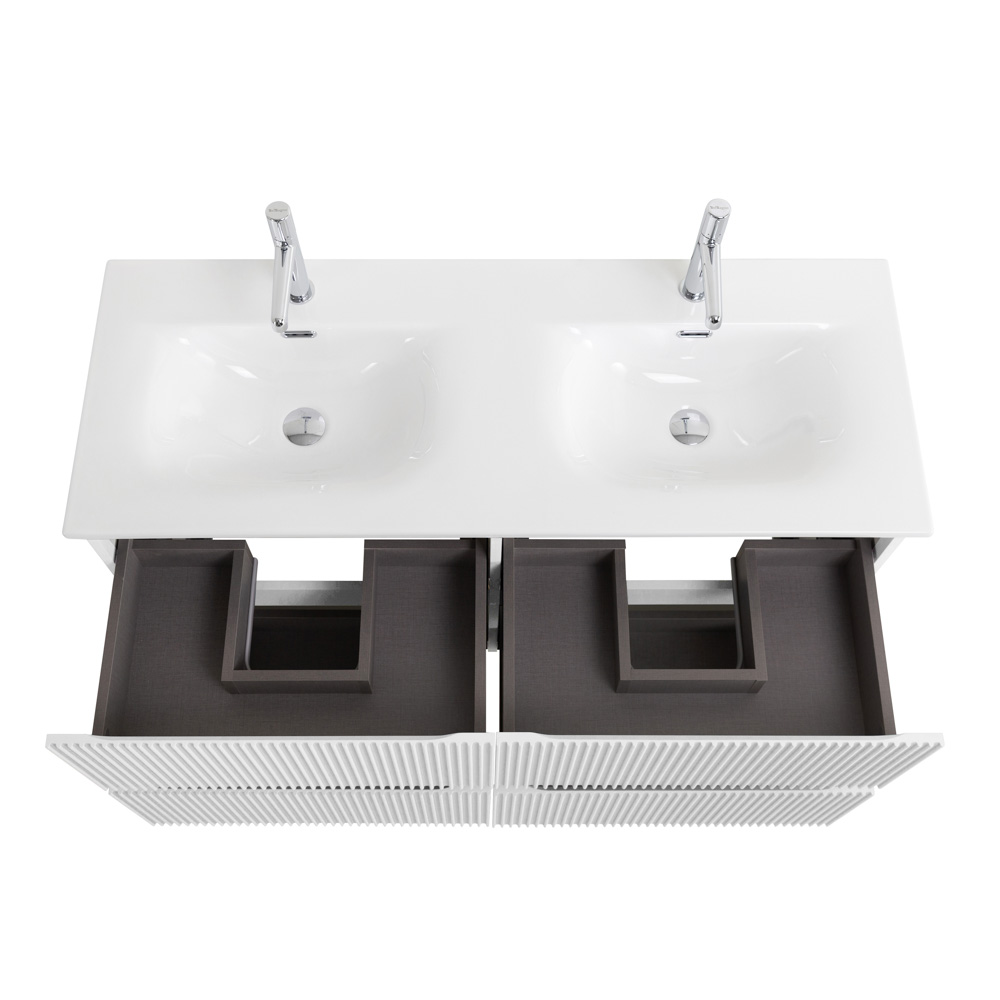 Тумба с раковиной подвесная BelBagno UNO-1200-4C-SO-BO Bianco Opaco, раковина белая BB-8099-120-2 с 2-я чашами