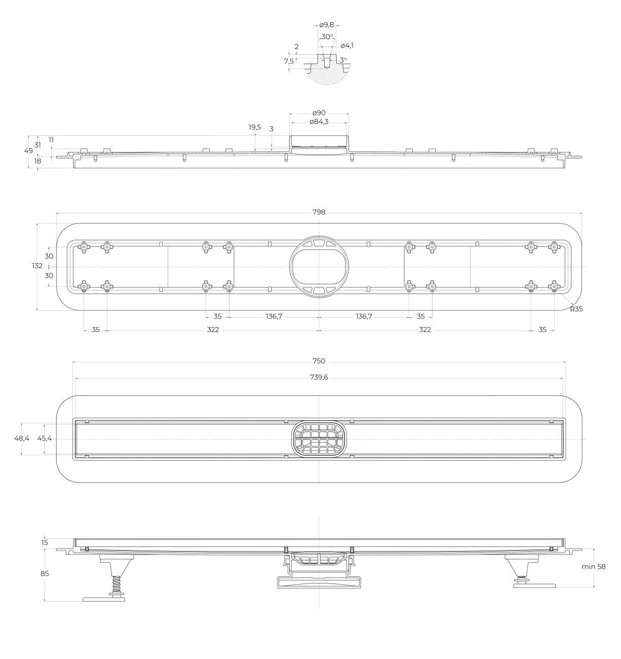 Душевой линейный трап 80 см BelBagno BB-LD-LUCE-80-NERO лоток чёрный матовый