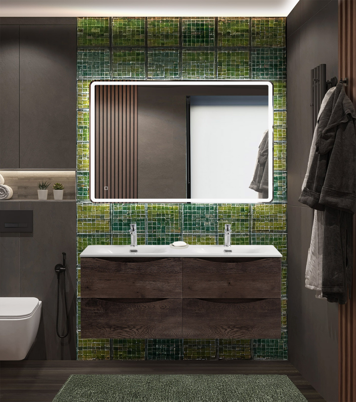 Тумба с раковиной подвесная BelBagno MARINO-CER-N-1200-4C-SO-RNG-P Rovere Nature Grigio, раковина белая BB-8099-120-2 с 2-я чашами