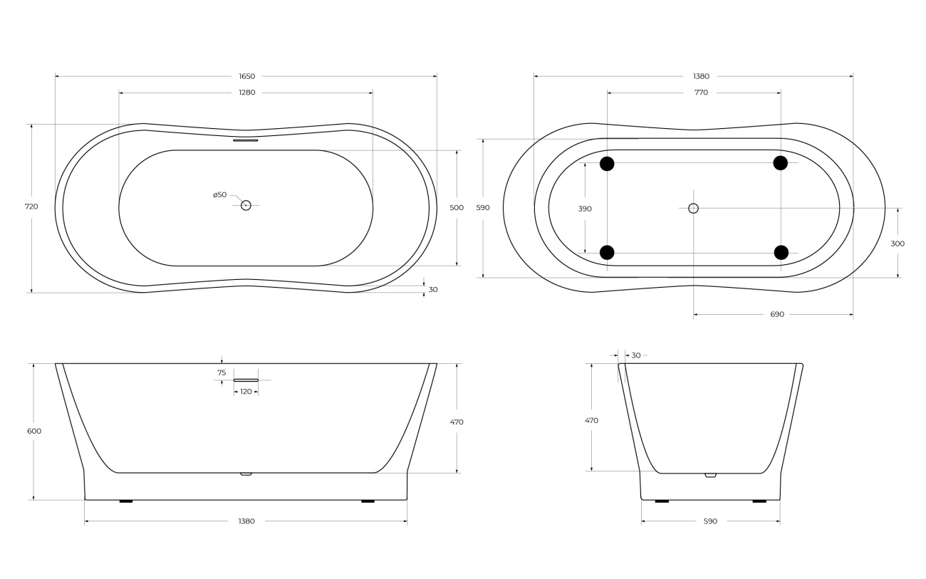 Ванна акриловая отдельностоящая BelBagno BB406-1650-730